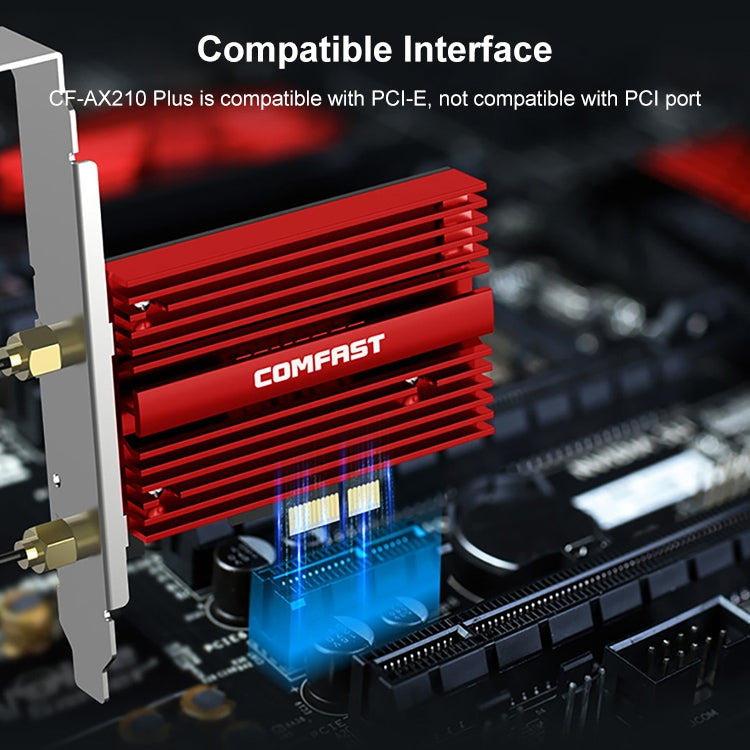COMFAST CF-AX210 PLUS 5374Mbps Tri-band + Bluetooth 5.2 Wireless WiFi6E PCI-E Network Card, CF-AX210 PLUS COMFAST CF-AX210 PLUS 5374Mbps Tri-band + Bluetooth 5.2 Wireless WiFi6E PCI-E Network Card, CF-AX210 PLUS
